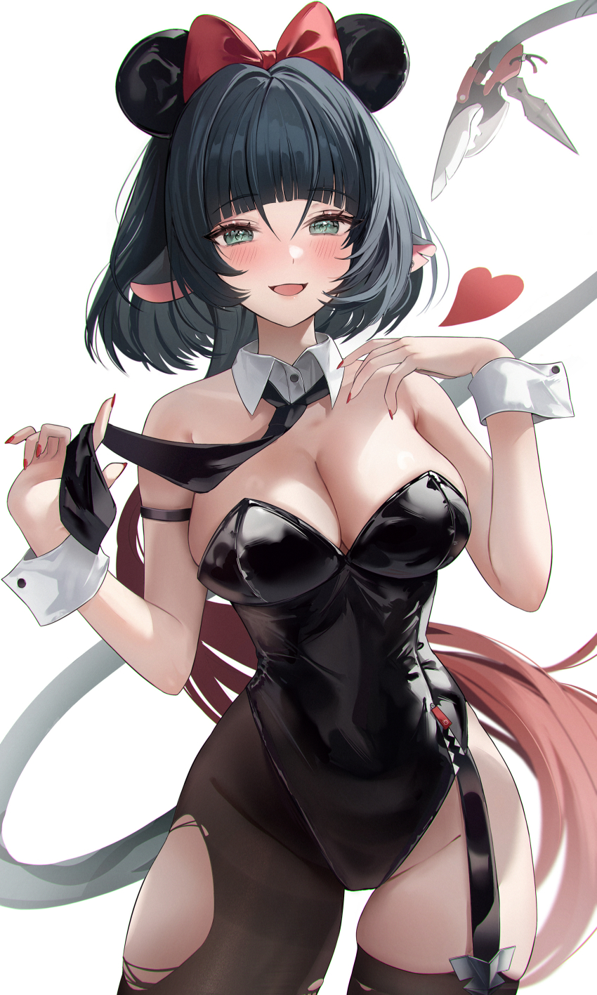 1girl :d absurdres alternate_costume animal_ears bare_shoulders black_hair black_leotard black_necktie blunt_bangs blush bow breasts cleavage detached_collar fake_animal_ears green_eyes heart highleg highleg_leotard highres jane_doe_(zenless_zone_zero) large_breasts leotard long_hair looking_at_viewer mouse_girl multicolored_hair necktie open_mouth pantyhose playboy_bunny rabbit_ears smile solo strapless strapless_leotard tail torn_clothes torn_pantyhose two-tone_hair very_long_hair white_background wrist_cuffs zenless_zone_zero zije