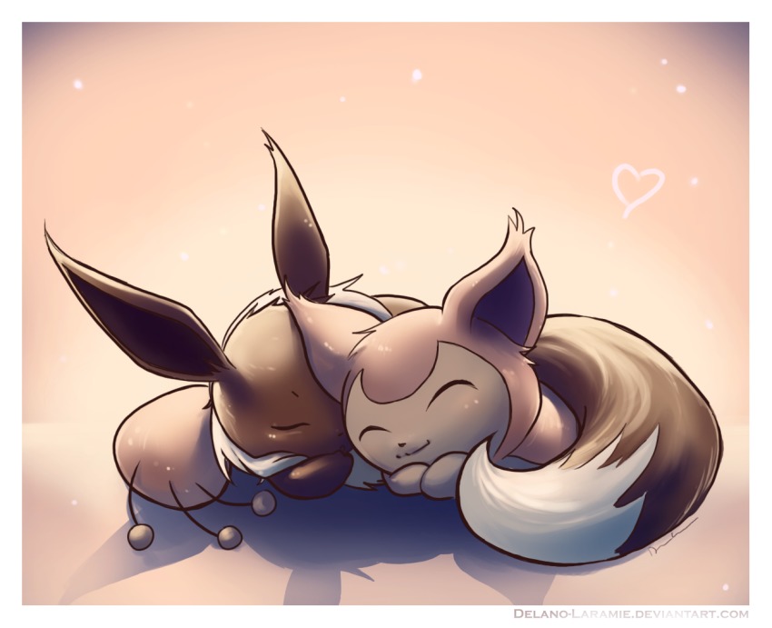 cat closed_eyes closed_mouth creature delano-laramie eevee gen_1_pokemon gen_3_pokemon happy heart lying nintendo no_humans on_stomach pokemon pokemon_(creature) sepia_background skitty sleeping smile watermark web_address