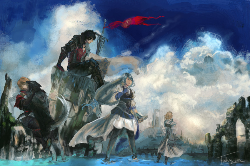 1girl 3boys armor black_hair blonde_hair cape castle clive_rosfield derivative_work dion_lesage dog falchionthesage final_fantasy final_fantasy_xvi flag grey_hair highres jill_warrick joshua_rosfield long_hair low-tied_long_hair multiple_boys sitting standing sword torgal_(ff16) weapon