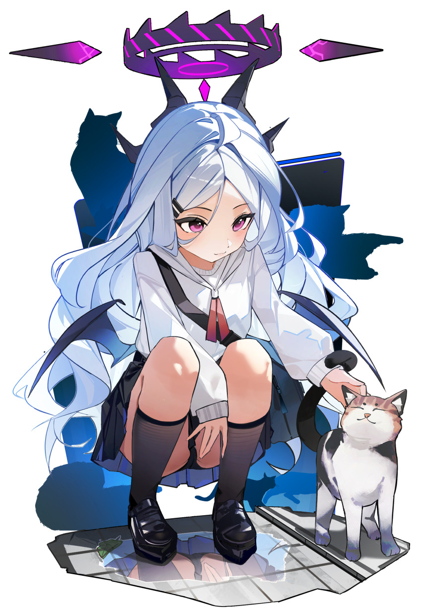 1girl :3 absurdres ahoge alternate_costume ass ayu_(user_xkhp7843) between_legs black_halo black_horns black_panties black_shoes black_skirt black_socks black_wings blue_archive blush calico_(pattern) calico_cat cameltoe cat closed_mouth demon_girl demon_horns demon_wings dot_nose halo hand_between_legs highres hina_(blue_archive) horns kneehighs knees_up light_blush loafers loli long_hair long_sleeves multiple_horns panties petting pleated_skirt purple_eyes purple_halo reflection reflective_water shoes skirt sleeves_past_wrists smile socks solo squatting sweater tail tail_wrap thighs underwear very_long_hair white_hair white_sweater wings