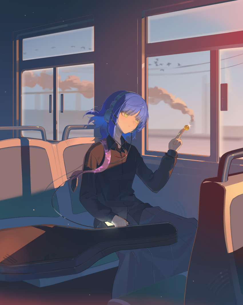 1girl absurdres between_fingers black_shirt blue_hair blue_sky bocchi_the_rock! bus_interior candy closed_mouth collared_shirt commentary_request food green_eyes guitar_case hand_up headphones highres holding holding_candy holding_food holding_lollipop holding_phone instrument_case lingdu_han listening_to_music lollipop long_sleeves looking_outside medium_hair on_chair phone shirt sitting sky smoke smoke_trail sunset yamada_ryo