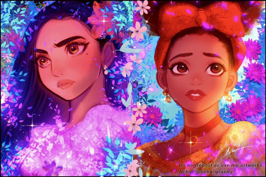 2girls bow brown_eyes brown_hair choker curly_hair dark-skinned_female dark_skin disney dolores_madrigal dress earrings encanto highres isabela_madrigal jewelry multiple_girls nyamunekonabe red_bow red_choker shirt smile upper_body very_dark_skin