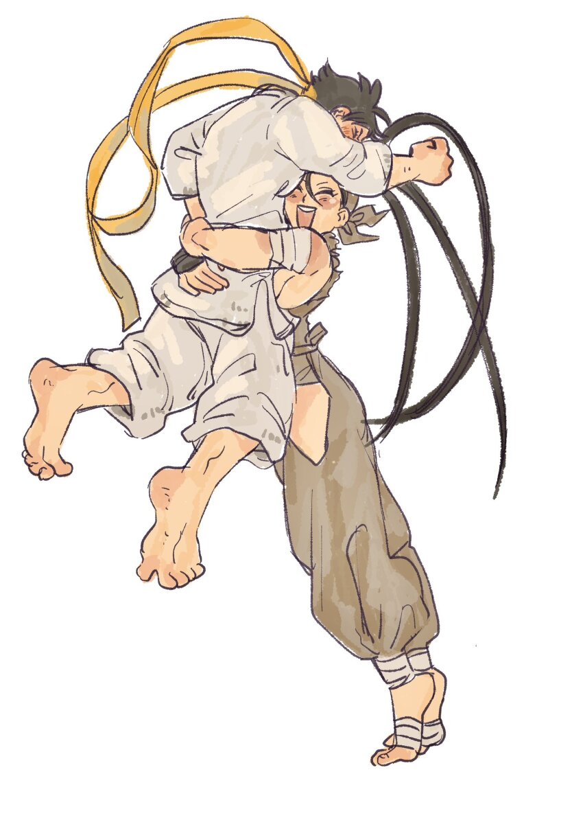 2girls appleoiwake baggy_pants bandaged_arm bandaged_leg bandages barefoot black_hair blush breasts carrying carrying_over_shoulder carrying_person clenched_hands dougi highres hip_vent ibuki_(street_fighter) karate_gi makoto_(street_fighter) multiple_girls neck_ribbon ninja pants ponytail ribbon short_hair sideboob smile street_fighter street_fighter_iii_(series) tiptoes tomboy yellow_ribbon