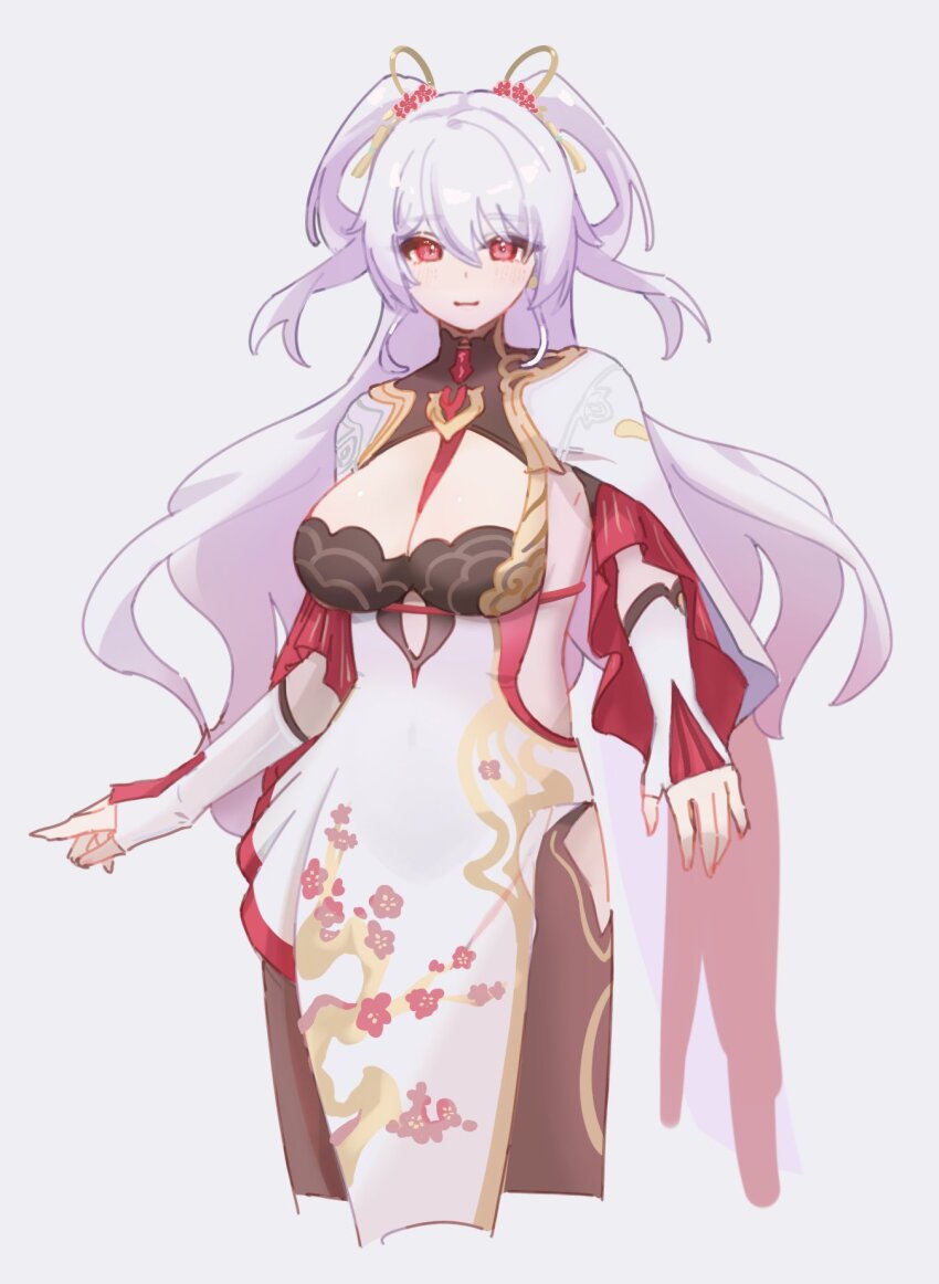 1girl bare_shoulders breasts chinese_commentary cleavage commentary_request cropped_legs dress fingerless_gloves gloves highres honkai_(series) honkai_impact_3rd large_breasts long_hair pelvic_curtain piri red_eyes simple_background solo theresa_apocalypse theresa_apocalypse_(luna_kindred) theresa_apocalypse_(lunar_vow:_crimson_love) theresa_apocalypse_(redolent_in_red) two_side_up very_long_hair white_background white_dress white_gloves white_hair