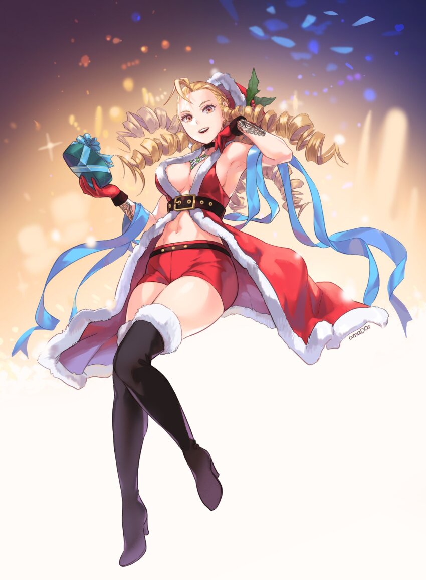 1girl ahoge amado_(shin) armpits artist_name blonde_hair boots box breasts christmas cleavage drill_hair gift gift_box hair_ornament hat high_heels highres holly holly_hair_ornament hood kanzuki_karin large_breasts long_hair no_bra santa_costume santa_hat short_shorts shorts sleeveless street_fighter teeth thigh_boots upper_teeth_only yellow_eyes