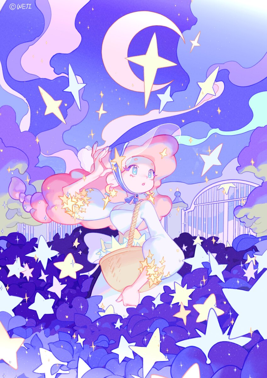 1girl absurdres basket blue_eyes bonnet braid bright_pupils cloud commentary_request crescent crescent_earrings crescent_moon dress earrings expressionless eyelashes floating_hair full_body gate gradient_hair hand_on_headwear highres holding holding_basket jewelry korean_commentary light_blush long_hair long_sleeves low-tied_long_hair moon multicolored_hair night night_sky orange_hair original outdoors parted_lips puffy_long_sleeves puffy_sleeves purple_bonnet purple_hair purple_sky see-through_clothes see-through_headwear single_braid sky solo square_neckline standing star_(sky) star_(symbol) starry_sky tareme twitter_username two-tone_hair very_long_hair wedjigamja white_dress white_pupils