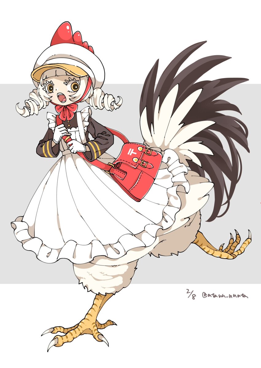 1girl artist_name atann_nnata bag bird_girl bird_legs bird_tail black_feathers black_shirt blunt_bangs bow chicken_girl chin_strap claws commentary dated dress drill_hair feathers frilled_dress frills full_body gloves hat highres looking_to_the_side mailman medium_hair messenger_bag monster_girl newsboy_cap open_mouth original red_bag red_bow running shirt shirt_under_dress shoulder_bag solo standing tail talons twin_drills twitter_username white_dress white_feathers white_gloves white_hair white_hat yellow_eyes