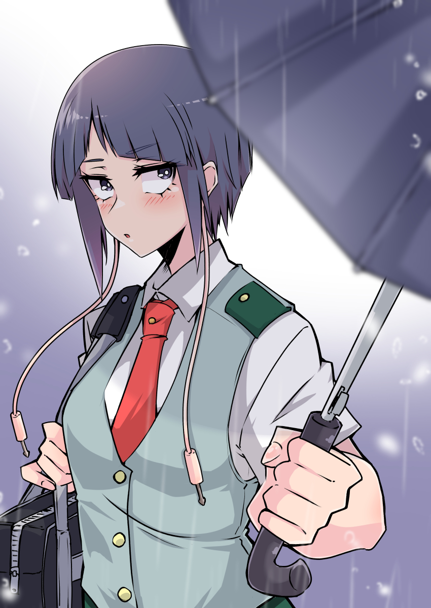 1girl absurdres bag blue_hair blush boku_no_hero_academia collared_shirt grey_eyes highres holding holding_umbrella jiro_kyoka looking_at_viewer necktie parted_lips rain red_necktie school_bag school_uniform shinonome_mozuku shirt short_hair shoulder_bag solo u.a._school_uniform umbrella upper_body white_shirt