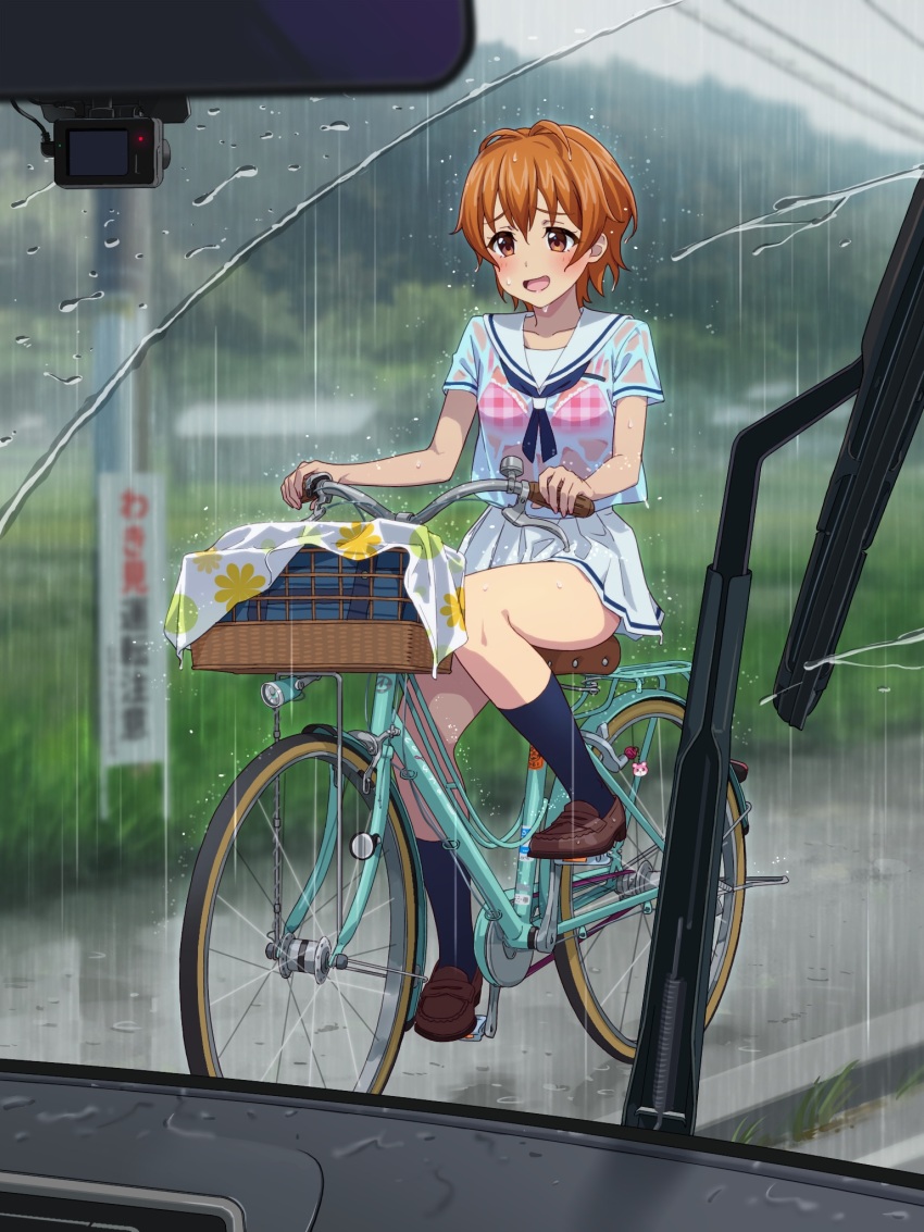 1girl bang_dream! bicycle bicycle_basket black_neckerchief bra bra_visible_through_clothes brown_eyes car_interior commentary_request gingham_bra highres kitazawa_hagumi neckerchief open_mouth orange_hair outdoors pink_bra rain riding riding_bicycle sailor_collar sailor_shirt school_uniform see-through_clothes see-through_shirt serafuku shirt short_hair short_sleeves skirt smile solo thighs underwear wet wet_clothes wet_shirt white_sailor_collar white_serafuku white_shirt white_skirt yazawa_happyaro