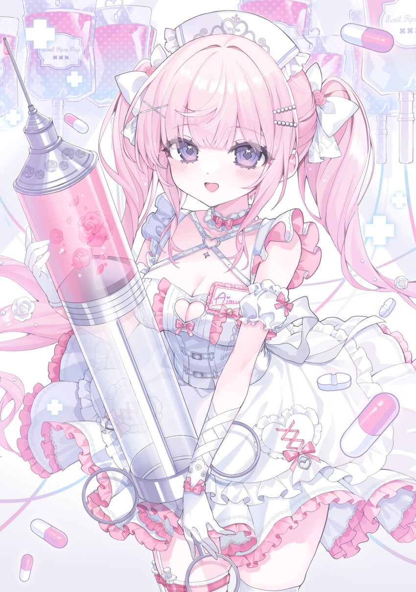 1girl absurdres blood blood_bag blush bow bow_choker breasts choker cleavage cleavage_cutout clothing_cutout collar commentary_request commission cross dress flower frilled_dress frills garter_straps gloves hair_bow heart heart_cutout heart_in_eye highres himeno_aimu holding holding_syringe indie_virtual_youtuber konpe_itou large_syringe liquid long_hair looking_at_viewer medium_breasts name_tag open_mouth oversized_object pill pink_bow pink_choker pink_dress pink_flower pink_hair purple_eyes second-party_source single_garter_strap smile solo symbol_in_eye syringe thighhighs two-tone_dress very_long_hair virtual_youtuber white_bow white_collar white_dress white_flower white_garter_straps white_gloves white_thighhighs