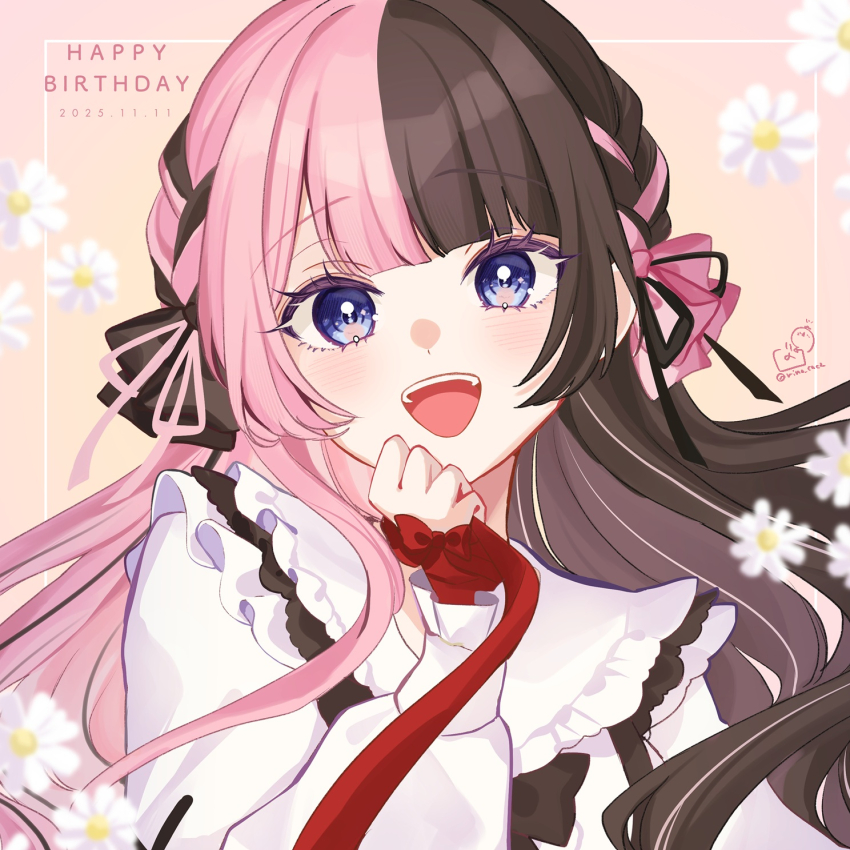 1girl :d black_bow black_hair black_ribbon blue_eyes blurry blurry_foreground bow braid commentary_request dated depth_of_field flower hair_bow hair_ribbon hand_up happy_birthday highres long_hair long_sleeves looking_at_viewer multicolored_hair open_mouth pink_bow pink_hair pink_ribbon puffy_long_sleeves puffy_sleeves red_bow red_ribbon ribbon rino_cnc shirt smile solo tachibana_hinano two-tone_hair upper_body very_long_hair virtual_youtuber vspo! white_flower white_shirt