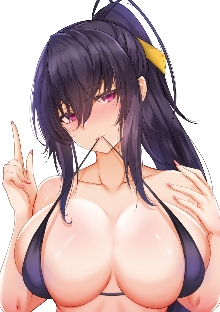 1girl absurdres bare_shoulders bikini black_bikini black_hair breasts clothes_in_mouth collarbone commentary english_commentary high_school_dxd highres himejima_akeno large_breasts long_hair looking_at_viewer ophis_(scaith) ponytail purple_eyes simple_background solo swimsuit upper_body white_background