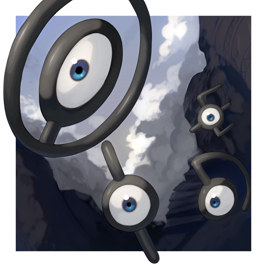 blue_eyes blue_sky canyon cloud cloudy_sky flying game_freak gen_2_pokemon highres looking_at_viewer multicolored_background nintendo no_humans outdoors pokemon pokemon_(creature) sky sumosamo unown unown_d unown_e unown_i unown_o