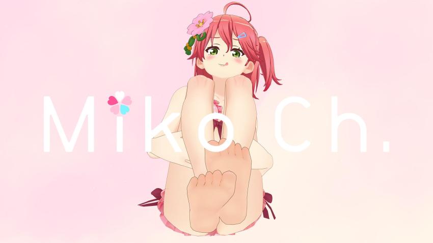 1girl 3d :p ahoge bare_shoulders bikini blush collarbone feet female_focus flower foot_focus green_eyes hair_flower hair_ornament hairclip highres hololive knees legs legs_up looking_at_viewer official_alternate_costume official_art one_side_up pink_background pink_bikini pink_hair sakura_miko sakura_miko_(hololive_summer_2019) solo straight-on swimsuit tongue tongue_out virtual_youtuber youtube_username