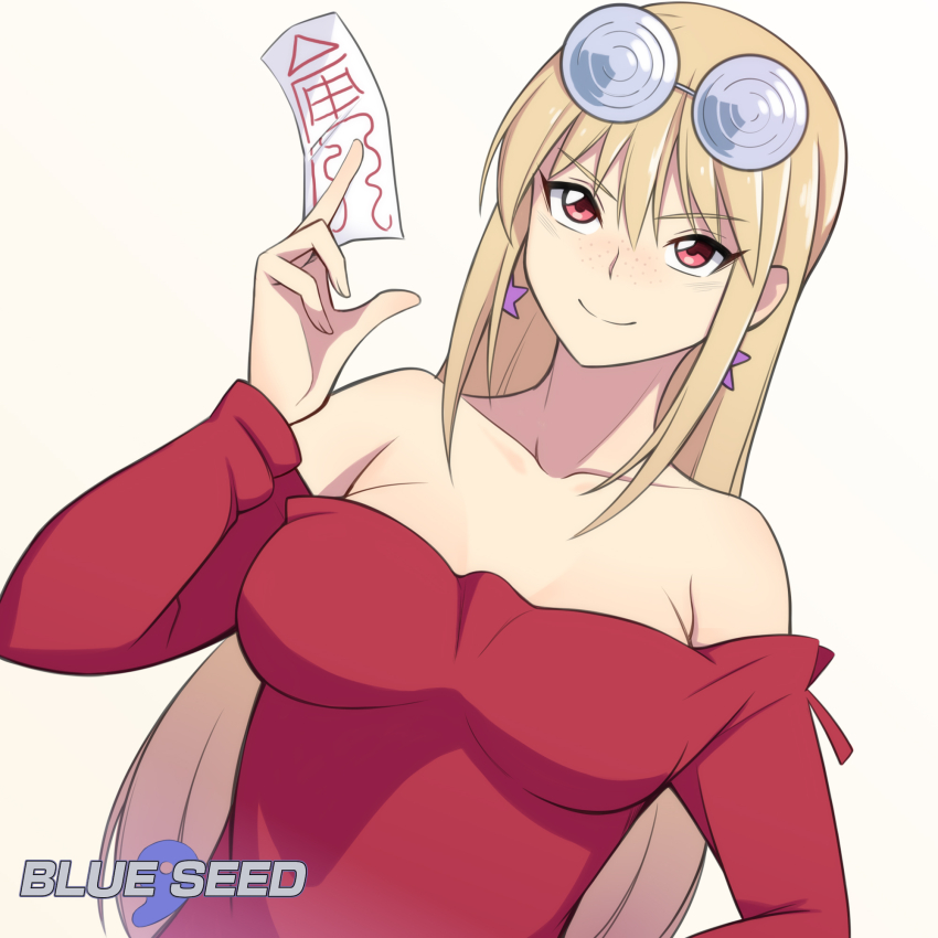 1girl bare_shoulders blonde_hair blue_seed breasts coke-bottle_glasses collarbone copyright_name freckles glasses highres holding_ofuda konishiki_(52siki) long_hair off-shoulder_shirt off_shoulder red_eyes shirt smile solo yamazaki_sakura