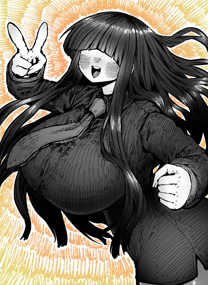 1girl :d ^_^ black_hair black_shirt blunt_bangs blush breasts closed_eyes collared_shirt greyscale_with_colored_background highres hime_cut huge_breasts inamori_shizuka long_hair long_sleeves looking_at_viewer monochrome necktie no_eyes open_mouth pantyhose pencil_skirt shirt sidelocks skirt smile solo ss_kabushikigaisha teeth v zyugoya