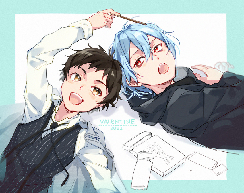 2boys aam09212 bags_under_eyes blue_hair brown_hair fang food happy_valentine male_focus multiple_boys official_alternate_costume open_mouth orange_eyes pocky red_eyes servamp shirota_mahiru short_hair sleepy_ash