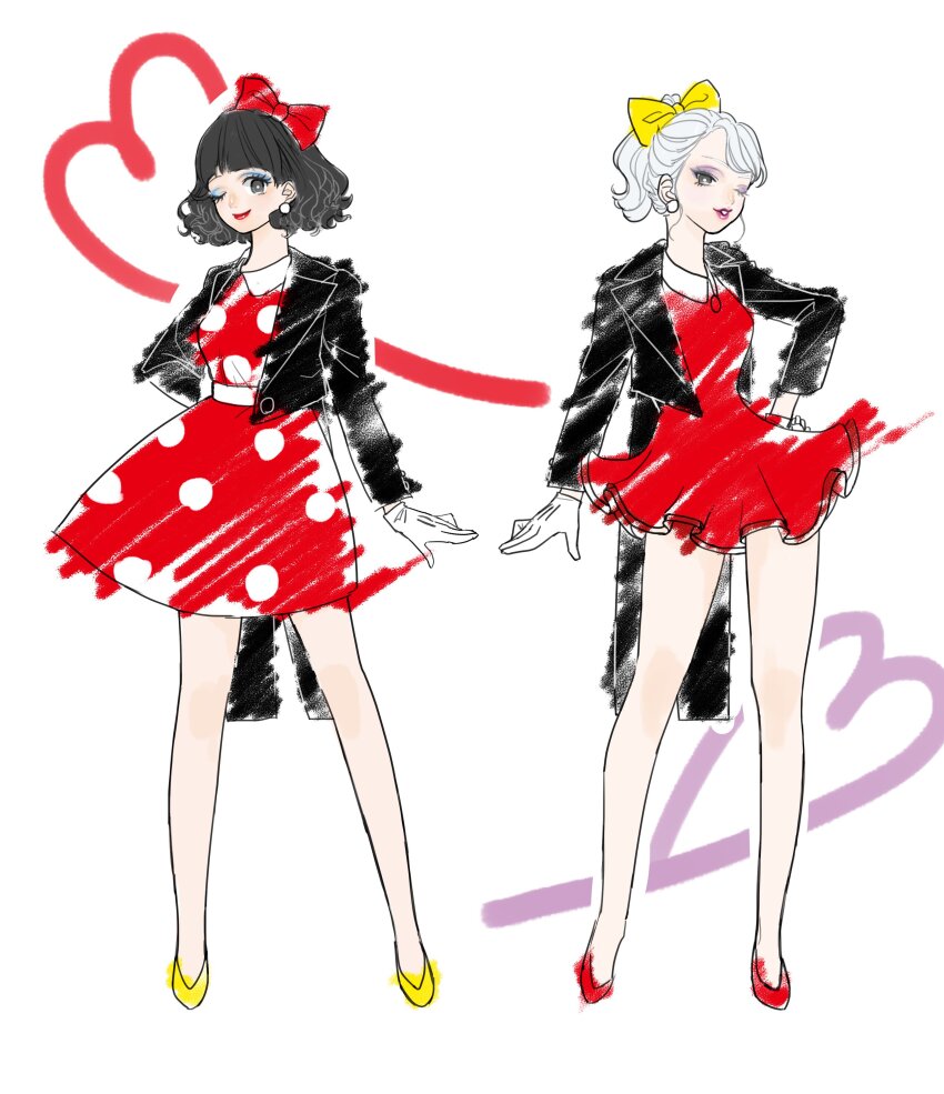 2girls absurdres bow daisy_duck disney dress gloves hair_bow highres hime_cut humanization looking_at_viewer mickey_mouse_&amp;_friends minnie_mouse multiple_girls open_mouth shirt short_hair smile wavy_hair white_gloves zun2_drawing