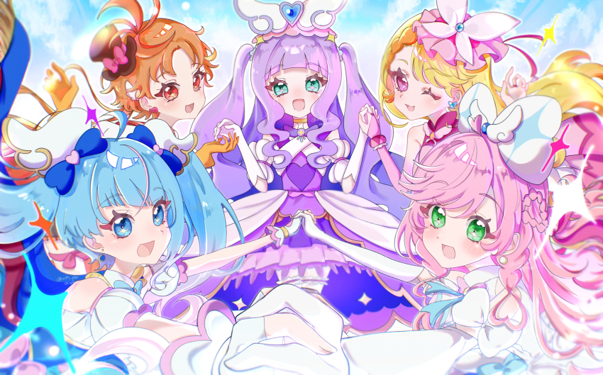 1boy 4girls ahoge aqua_eyes ascot black_hat blonde_hair blue_cape blue_dress blue_eyes blue_hair blue_sky bow braid braided_bangs bridal_gauntlets brooch cape clothing_cutout cloud cloudy_sky commentary crown_braid cure_butterfly cure_majesty cure_prism cure_sky cure_wing cut_bangs day detached_sleeves dress earrings elbow_gloves ellee-chan fingerless_gloves foreshortening frilled_shorts frilled_skirt frilled_thighhighs frills fringe_trim glove_bow gloves gradient_hair green_eyes hair_bow hair_ornament half-dress hat highres hijiri_ageha hirogaru_sky!_precure holding_hands interlocked_fingers jewelry leaning_forward leg_ribbon long_dress long_hair looking_at_viewer low_ponytail magical_boy magical_girl mini_hat mini_top_hat miniskirt mob_cap mona_(xf7_pml) multicolored_hair multiple_girls nijigaoka_mashiro one_eye_closed open_mouth orange_gloves orange_hair outdoors pink_gloves pink_hair pink_hat pink_shirt pink_skirt ponytail precure puffy_detached_sleeves puffy_sleeves purple_dress purple_hair purple_skirt red_cape red_eyes ribbon shirt short_shorts short_sleeves shorts shoulder_cutout showgirl_skirt side_braids single_sidelock skirt sky sleeveless sleeveless_dress sleeveless_shirt smile sora_harewataru standing streaked_hair thighhighs tilted_headwear top_hat twintails two-sided_cape two-sided_fabric two-tone_dress two-tone_hair two_side_up very_long_hair white_ascot white_bow white_dress white_gloves white_thighhighs wing_brooch wing_hair_ornament yuunagi_tsubasa