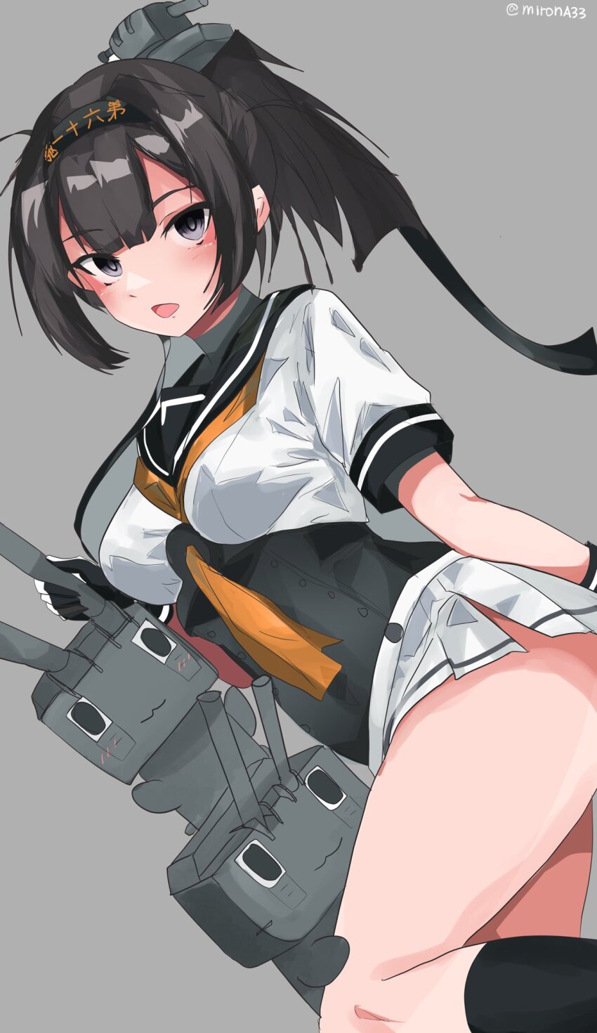 1girl :3 akizuki_(kancolle) black_hair black_headband black_sailor_collar chou-10cm-hou-chan clothes_writing commentary gloves grey_background grey_eyes hachimaki headband highres kantai_collection long_hair looking_at_viewer miron_(mirona33) multicolored_gloves neckerchief orange_neckerchief pleated_skirt ponytail sailor_collar school_uniform serafuku simple_background skirt smile white_skirt |_|