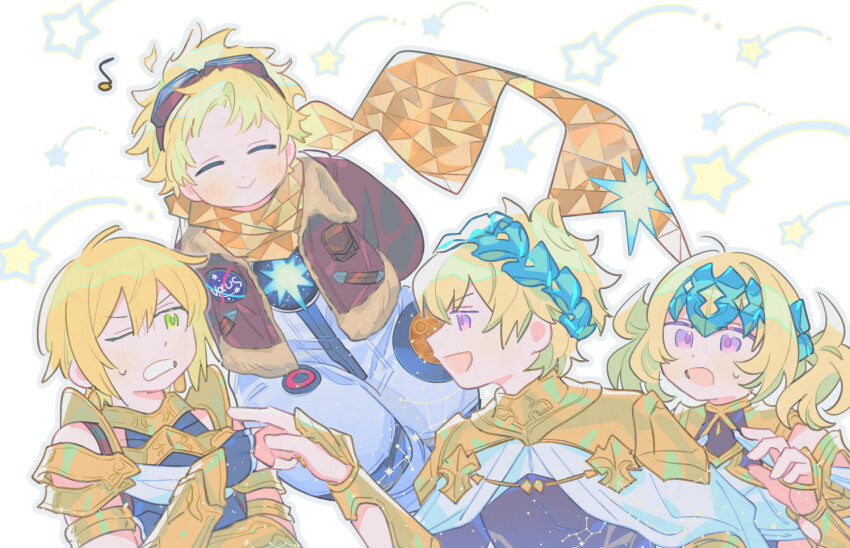 1girl 3boys armlet armor baggy_clothes blonde_hair bomber_jacket bracer brother_and_sister castor_(fate) closed_eyes collar earrings fate/grand_order fate_(series) fingerless_gloves gloves goggles goggles_on_head gold_armor green_eyes jacket jason_(fate) jewelry metal_collar multiple_boys one_eye_closed oneroom-disco pauldrons pollux_(fate) purple_eyes robe scarf shoulder_armor siblings smile trait_connection twins vambraces voyager_(third_ascension)_(fate) voyager_golden_record white_robe yellow_scarf
