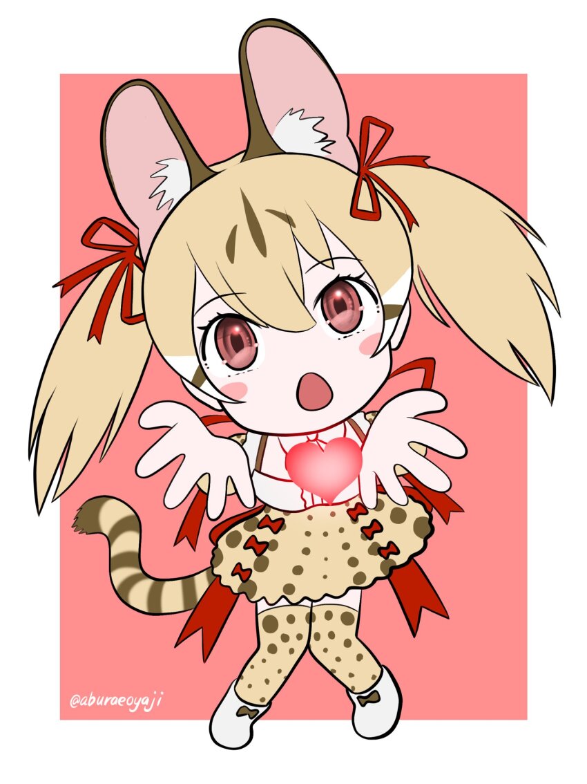 1girl aburaeoyaji brown_hair full_body heart highres kemono_friends kemono_friends_v_project large-spotted_genet_(kemono_friends) long_hair looking_at_viewer simple_background solo virtual_youtuber