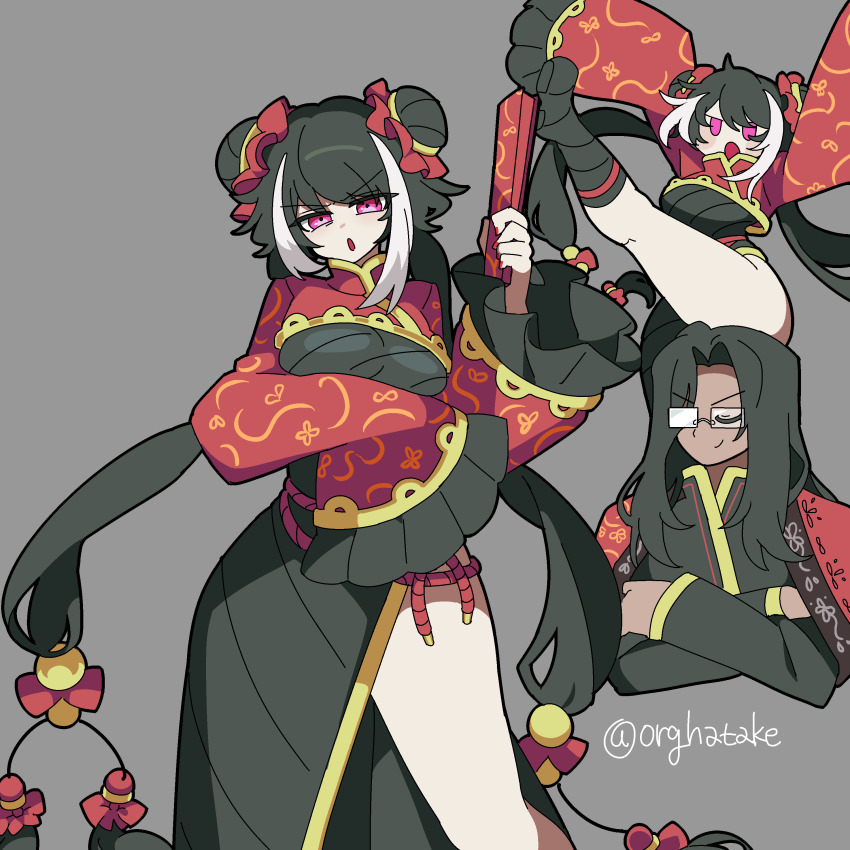 1boy 1girl absurdres black_dress black_hair closed_eyes closed_mouth crossed_arms double_bun dress frilled_sleeves frills glasses gold_trim hair_bun high_kick highres jia_xichun_(project_moon) kekeken kicking limbus_company long_hair looking_at_viewer low_twintails multicolored_hair multiple_views open_mouth pink_eyes project_moon red_shrug side_slit streaked_hair twintails wei_(project_moon) white_hair