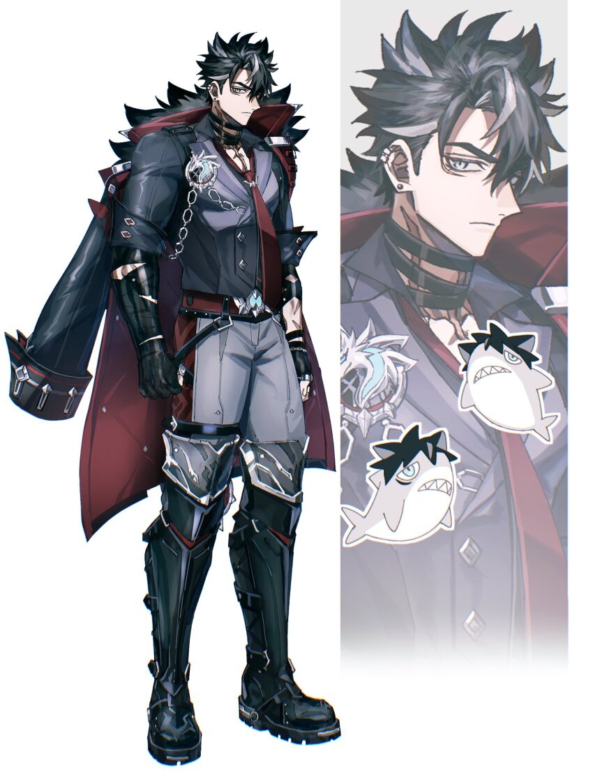 1boy bandaged_arm bandaged_neck bandages black_boots black_coat black_gloves black_hair black_shirt blue_eyes boots buttons chain clenched_hands closed_mouth coat coat_on_shoulders collared_shirt commentary_request domo_(domo_kizusuki) ear_piercing earrings facial_scar fingerless_gloves fur-trimmed_coat fur_trim genshin_impact gloves grey_hair grey_pants grey_vest hair_between_eyes highres jewelry lapels looking_at_viewer male_focus multicolored_hair necktie pants parted_bangs piercing red_necktie scar scar_on_arm scar_on_cheek scar_on_face scar_on_neck serious shirt short_hair short_sleeves simple_background solo standing streaked_hair stud_earrings thigh_boots thigh_strap two-sided_coat two-sided_fabric v-shaped_eyebrows vest white_background wriothesley_(genshin_impact) zoom_layer