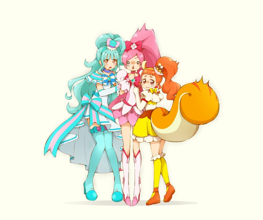 3girls animal_ears aqua_hair aqua_shoes aqua_thighhighs arisugawa_himari arm_warmers back_bow blue_bow blue_bowtie blue_dress boots bow bowtie brooch choker cure_blossom cure_custard cure_lillian dress elbow_gloves flower_brooch frilled_dress frills full_body gloves hair_bow hanasaki_tsubomi hat heart heart_brooch heartcatch_precure! height_difference high-low_dress high_heel_boots high_heels highres in-franchise_crossover jewelry kirakira_precure_a_la_mode knee_boots kneehighs knees_together_feet_apart large_tail long_hair magical_girl mini_hat multiple_girls nekoyashiki_mayu o_o off-shoulder_dress off_shoulder orange_hair orange_shoes pink_boots pink_dress pink_hair pleated_dress precure puffy_short_sleeves puffy_sleeves red_eyes scared shoes short_hair short_sleeves side_ponytail sidelocks simple_background socks squirrel_ears squirrel_girl squirrel_tail standing strappy_heels sweat tail thighhighs very_long_hair white_background wonderful_precure! wrist_cuffs yellow_dress yellow_socks yuu13