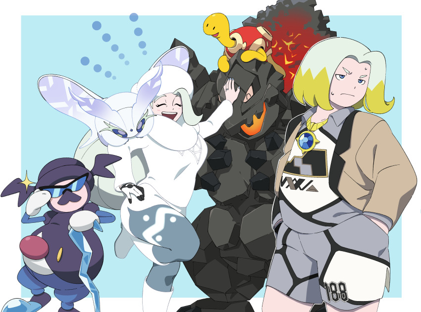 1boy 1girl :d blue_eyes boots brown_jacket closed_eyes coalossal collared_shirt commentary_request frosmoth gen_2_pokemon gen_8_pokemon gloves gordie_(pokemon) hat highres jacket jewelry leg_up long_hair luaudrey melony_(pokemon) mother_and_son mr._rime multicolored_hair necklace nintendo open_mouth pantyhose pantyhose_under_shorts pokemon pokemon_(creature) pokemon_swsh scarf shirt shorts shuckle single_glove smile sweat sweater teeth two-tone_hair upper_teeth_only white_footwear white_headwear white_scarf white_sweater
