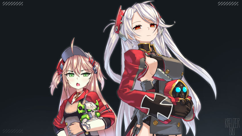 absurdres adeptus_mechanicus admiral_hipper_(azur_lane) antenna_hair armpit_cutout armpits artificial_eye azur_lane black_background blonde_hair blue_eyes breasts choker cloak clothing_cutout commission cross cyborg fang glowing glowing_eyes green_eyes hat headgear highres hood hooded_cloak iron_cross kreuzer_00 long_hair mechanical_eye mole mole_on_breast multicolored_hair necron orange_eyes peaked_cap prinz_eugen_(azur_lane) red_cloak robot side_cutout sideboob silver_hair skin_fang streaked_hair techpriest twitter_username two_side_up warhammer_40k