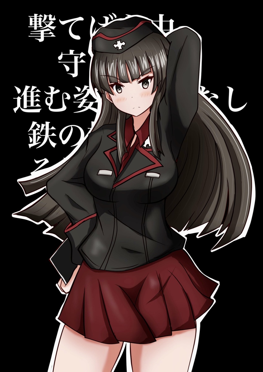 1girl aged_down arm_behind_head arm_up black_background black_eyes black_hair black_hat black_jacket blunt_bangs clipboard closed_mouth commentary dress_shirt frown garrison_cap girls_und_panzer hand_on_own_hip hat highres holding holding_clipboard insignia jacket kuromorimine_military_uniform long_hair long_sleeves looking_at_viewer meiya military military_hat military_uniform miniskirt nishizumi_shiho outline pleated_skirt red_shirt red_skirt shirt skirt solo standing straight_hair text_background translated white_outline wing_collar