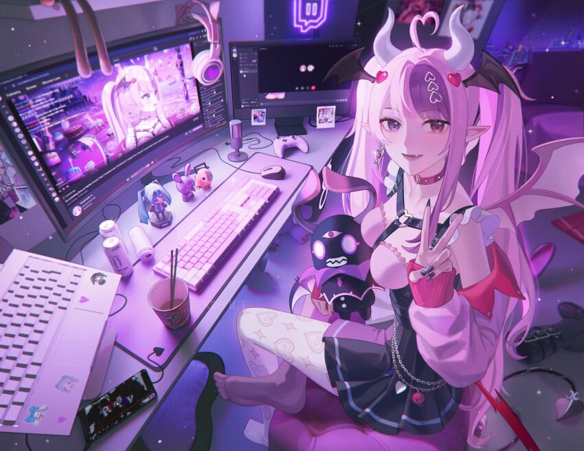 1girl ahoge animal_ear_headphones animal_ears barefoot bell belt_boots black_boots black_corset black_nails black_skirt blunt_bangs blurry blurry_background boots breasts bubi_(ironmouse) cat_ear_headphones cellphone chain chainsaw_man chair choker city collar collarbone commentary computer computer_keyboard computer_mouse controller corset crossed_legs curved_monitor demon_girl demon_horns demon_tail demon_wings detached_sleeves discord earbuds earphones earrings english_commentary eyelashes fake_animal_ears fangs fast_food frieren frilled_shirt frills full_body game_controller gamepad garter_straps hair_ornament hatsune_miku head_wings headphones heart heart_ahoge heart_earrings heart_hair_ornament heart_o-ring heart_print heart_ring_choker heart_ring_strap heart_sticker heterochromia highres holding holding_stuffed_toy horns ironmouse ironmouse_(15th_costume) jewelry jingle_bell light_particles livestream long_hair long_sleeves looking_at_viewer medium_breasts microphone monitor monster_energy mousepad_(object) multicolored_hair notebook o-ring o-ring_choker on_chair open_mouth pantyhose phone photo_(object) pink_collar pink_hair pink_nails pink_shirt pink_skirt pink_sleeves pink_wings pochita_(chainsaw_man) pointy_ears poster_(object) purple_eyes purple_hair purple_thighhighs red_eyes see-through_clothes see-through_pantyhose see-through_thighhighs shelf shirt single_earring single_sidelock sitting skirt sleeveless sleeveless_shirt smartphone solo_focus sousou_no_frieren sparkle spiked_collar spikes streaked_hair stuffed_animal stuffed_toy table tail teddy_bear teeth thighhighs toes twintails twitch.tv twitch_logo twitter_username two_side_up v very_long_hair virtual_youtuber vocaloid vshojo white_horns white_pantyhose window wings xiisalt youtube