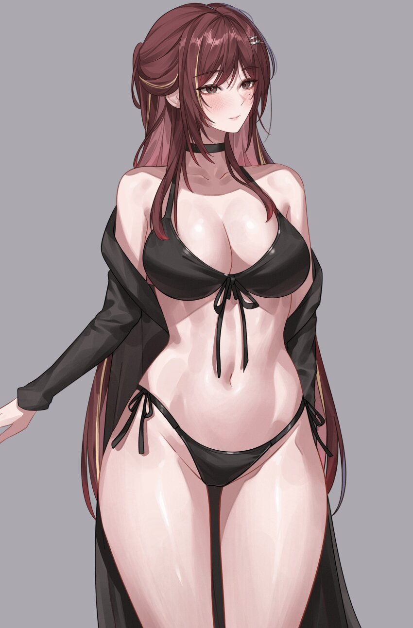 1girl absurdres akane_lize bare_shoulders bikini black_bikini black_choker black_eyes blush breasts choker cleavage closed_mouth collarbone cowboy_shot front-tie_bikini_top front-tie_top grey_background hair_ornament hairclip hashtag-only_commentary highres katrinabluuuuu large_breasts long_hair long_sleeves mole mole_under_eye navel off_shoulder red_hair side-tie_bikini_bottom simple_background smile solo stellive stomach swimsuit thighs virtual_youtuber