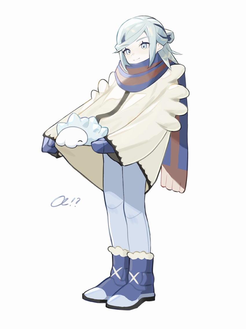 1boy blue_footwear blue_mittens boots closed_mouth clothes_lift commentary_request eyelashes gen_8_pokemon green_eyes green_hair grusha_(pokemon) happy highres jacket jacket_lift lifting_own_clothes long_sleeves looking_down male_focus mittens nintendo pants pokemon pokemon_(creature) pokemon_sv sameniku_umai scarf smile snom standing striped_clothes striped_scarf white_background yellow_jacket