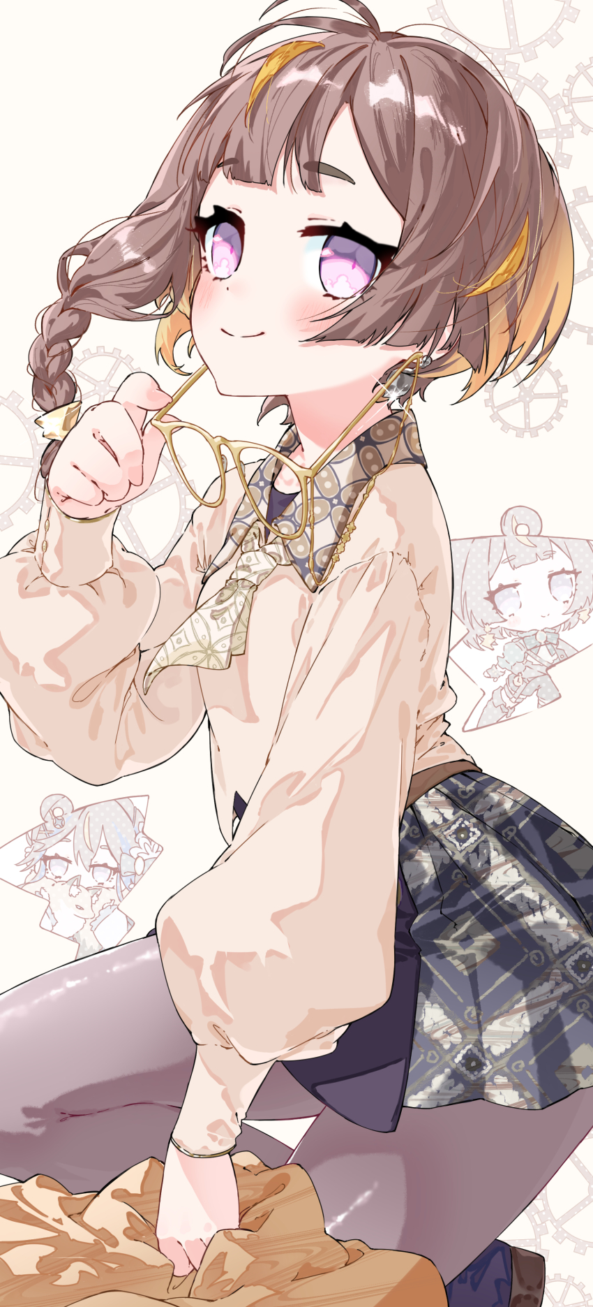 1girl absurdres anya_melfissa anya_melfissa_(indonesian_casual) azusa_(azunyan12) braid braided_ponytail brown_hair brown_pantyhose chibi coat collared_shirt earrings eyewear_strap floating_hair gears gradient_hair highres holding holding_removed_eyewear hololive hololive_indonesia jewelry kneeling light_blush low_side_ponytail multicolored_hair necktie orange_hair pantyhose parted_bangs print_necktie print_skirt puffy_sleeves purple_eyes round_eyewear shirt short_hair skirt smile unworn_coat unworn_eyewear virtual_youtuber yellow-framed_eyewear