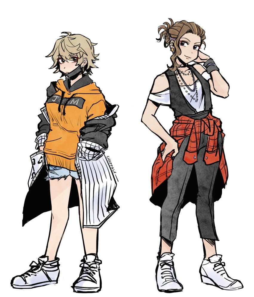 2girls black_coat black_mask black_pants black_vest blonde_hair breasts brown_eyes brown_hair coat coat_partially_removed denim denim_shorts ear_piercing earrings face_mask furesawa_tosai genderswap genderswap_(mtf) hands_in_pockets highres hood hoodie jewelry kanade_rindo long_coat mask medium_breasts mouth_mask multicolored_hair multiple_girls necklace orange_hoodie pants pearl_necklace piercing ponytail shin_subarashiki_kono_sekai shirt shoes shorts streaked_hair subarashiki_kono_sekai vest white_footwear white_shirt wristband