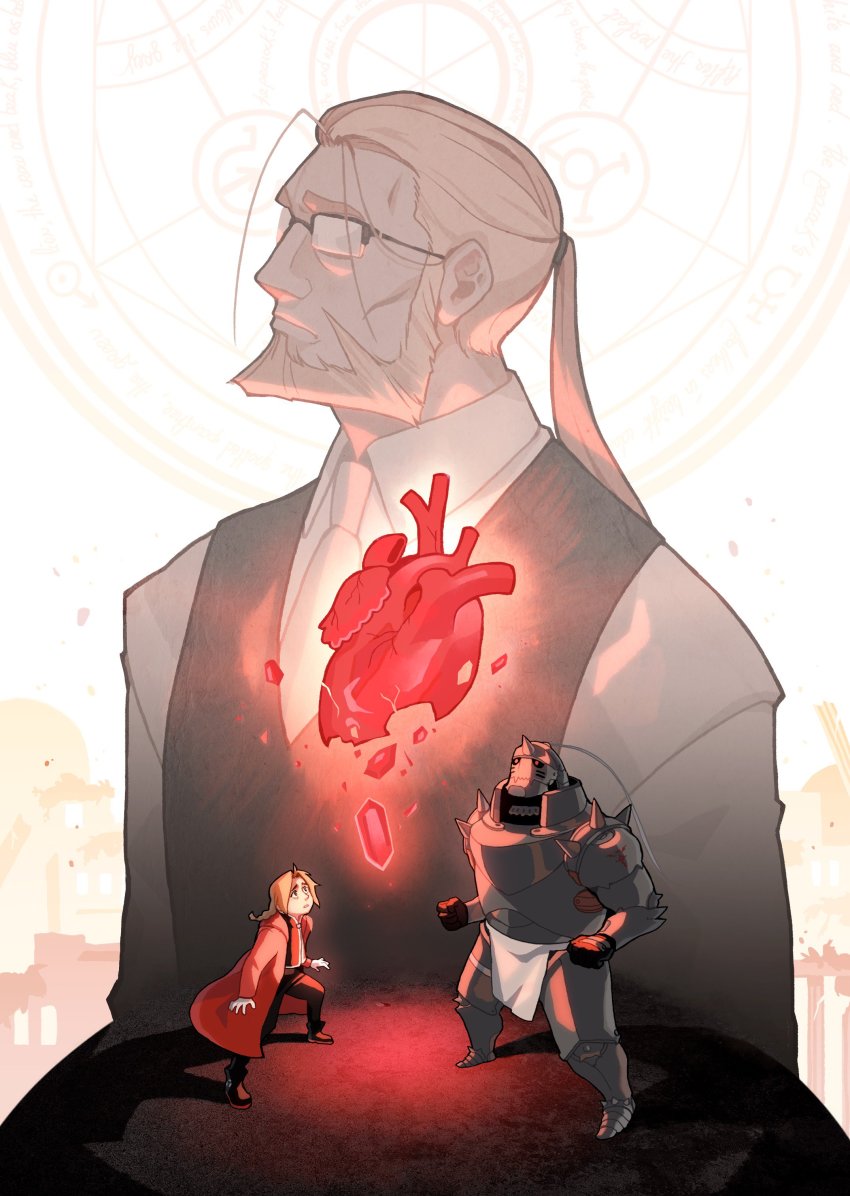 3boys abstract_background absurdres alexia_khodanian alphonse_elric apron armor bad_id bad_twitter_id bags_under_eyes beard blonde_hair brothers commentary dress_shirt edward_elric english_commentary expressionless facial_hair father_and_son flamel_symbol full_armor full_body fullmetal_alchemist furrowed_brow glasses glowing glowing_heart heart_(organ) height_difference highres long_hair long_sleeves looking_up magic_circle male_focus multiple_boys necktie philosopher&#039;s_stone ponytail semi-rimless_eyewear shirt siblings simple_background van_hohenheim vest white_background white_shirt