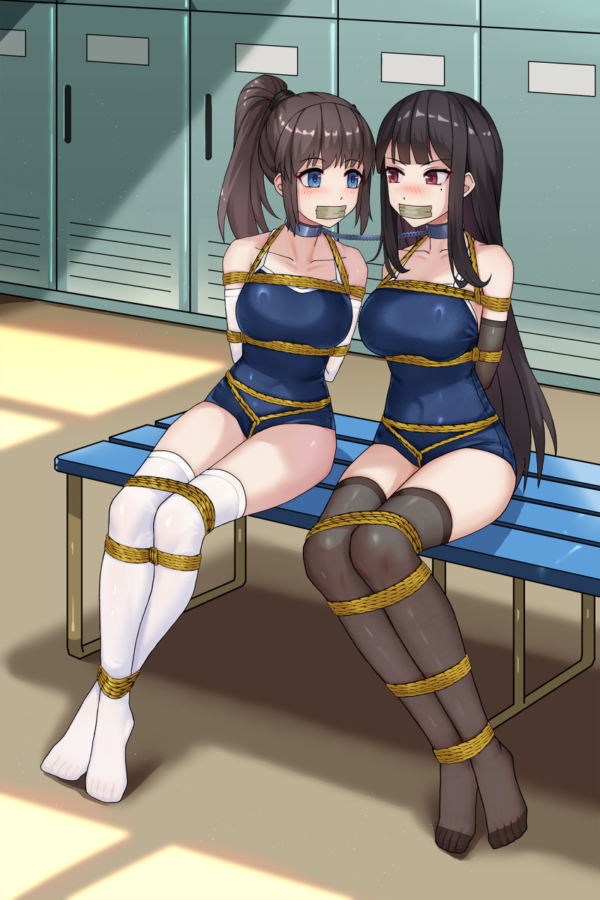 1girl bdsm black_gloves black_hair blue_eyes blush bondage bound bound_arms bound_legs bound_together breasts brown_hair crotch_rope elbow_gloves facing_viewer full_body gag gloves haimei1980 highres improvised_gag indoors leaning_to_the_side legs_together locker locker_room long_hair looking_at_another medium_breasts medium_hair on_bench one-piece_swimsuit original ponytail red_eyes shibari sitting swimsuit tape tape_gag thighhighs thighs very_long_hair white_gloves