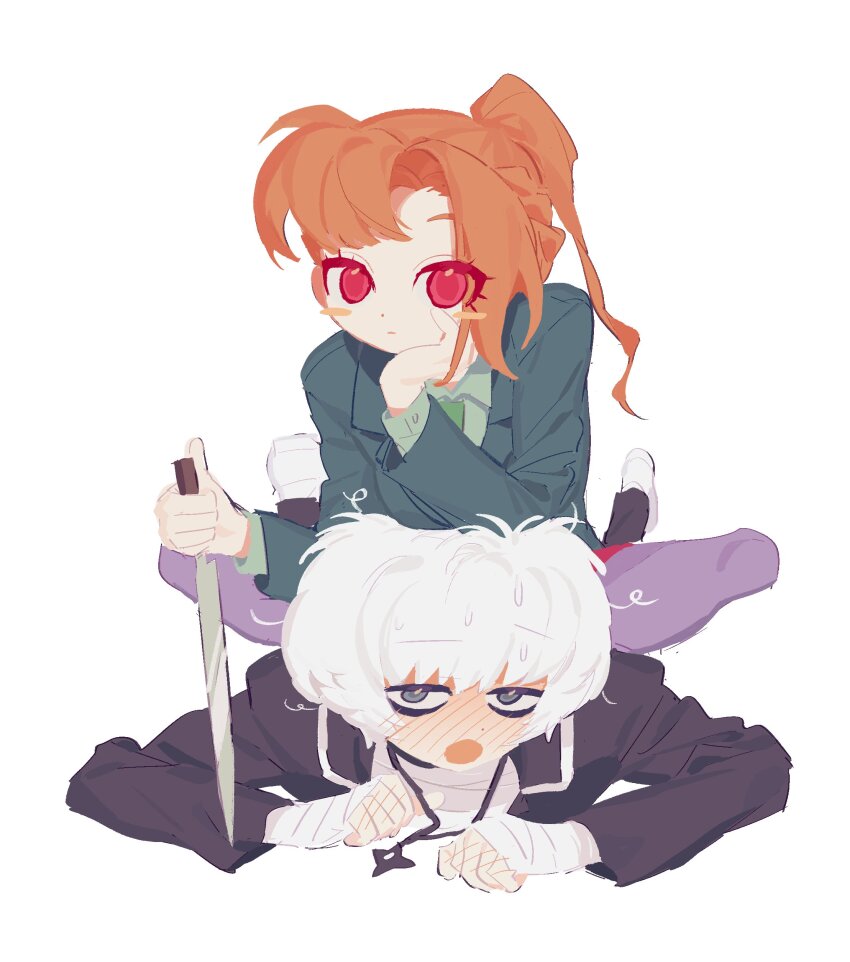 1boy 1girl absurdres asymmetrical_bangs bandaged_hand bandages black_jacket black_pants blue_jacket blush blush_stickers braid chidouin_sara crossed_legs green_necktie green_shirt grey_eyes hand_on_own_cheek hand_on_own_face highres holding holding_knife jacket jewelry kageyama_ranmaru kimi_ga_shine knife laz_(wancchaco) long_sleeves looking_at_viewer necklace necktie on_floor open_mouth orange_hair pants ponytail red_eyes school_uniform shirt shoes short_hair sitting sitting_on_person sonobeno_high_school_uniform white_background white_hair white_shoes
