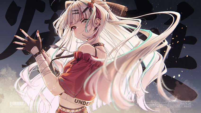 1girl bandaged_arm bandages bare_shoulders black_gloves crop_top fingerless_gloves gloves heterochromia highres ishigami_nozomi kuro-kun_(nablack) long_hair looking_at_viewer nijisanji virtual_youtuber white_hair