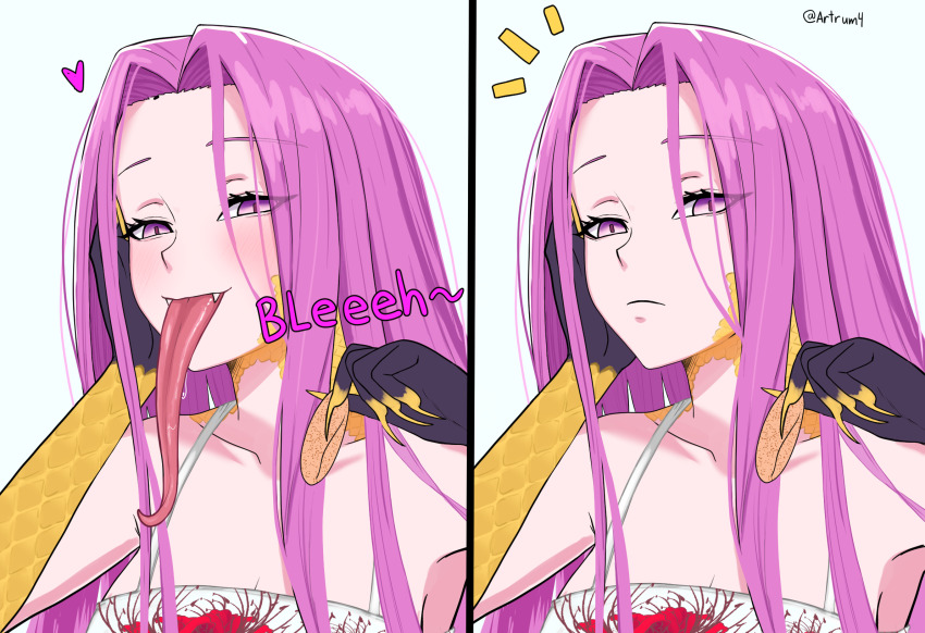 1girl alternate_costume artrum4 blush chips_(food) closed_mouth commentary english_commentary fangs fate/grand_order fate_(series) food forehead gorgon_(fate) head_rest heart highres holding holding_food long_hair long_tongue looking_at_viewer medusa_(fate) medusa_(rider)_(fate) open_mouth pink_hair potato_chips purple_eyes rider saliva scales simple_background slit_pupils solo tongue tongue_out twitter_username very_long_hair white_background yellow_scales