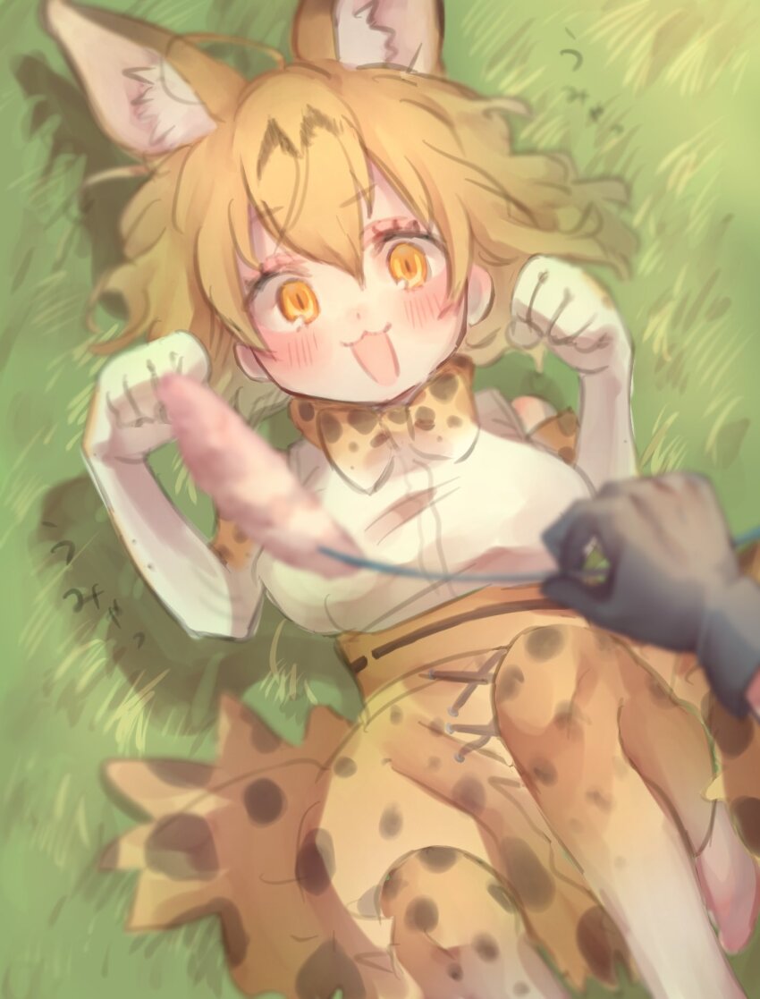 1girl :3 animal_ears bare_shoulders blonde_hair blush bow bowtie cat_ears cat_girl cat_tail cat_teaser disembodied_hand extra_ears frilled_skirt frills gloves gradient_gloves gradient_pantyhose grass hair_between_eyes high-waist_skirt highres kemono_friends lying on_back open_mouth pantyhose paw_pose print_bow print_bowtie print_gloves print_pantyhose print_skirt seki_mhsk serval_(kemono_friends) shirt short_hair sidelocks skirt sleeveless solo tail white_gloves white_pantyhose white_shirt yellow_eyes