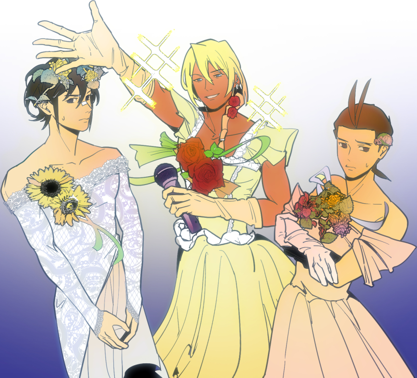 3boys ace_attorney alternate_costume antenna_hair apollo_justice bandaid bandaid_on_face bandaid_on_nose bare_shoulders biceps black_eyes black_hair blonde_hair blue_dress blue_eyes blue_ribbon brown_eyes brown_hair clay_terran collarbone commentary crossdressing crossed_arms dark-skinned_male dark_skin dress drill_hair earrings elbow_gloves feet_out_of_frame fishnet_pattern flower flower_on_chest frilled_dress frills fz04668931 gloves gradient_background gradient_flower gradient_ribbon green_ribbon hair_flower hair_ornament highres holding holding_microphone jewelry klavier_gavin lace_print lace_trim long_hair looking_to_the_side male_focus microphone mismatched_eyebrows multiple_boys outstretched_arm own_hands_together phoenix_wright:_ace_attorney_-_dual_destinies pink_dress pink_ribbon purple_background purple_flower purple_rose red_flower red_rose ribbon rose short_hair simple_background single_earring sleeveless sleeveless_dress small_sweatdrop smile sparkle sternocleidomastoid_muscle sunflower symbol-only_commentary teeth white_background yellow_dress yellow_flower yellow_ribbon yellow_rose