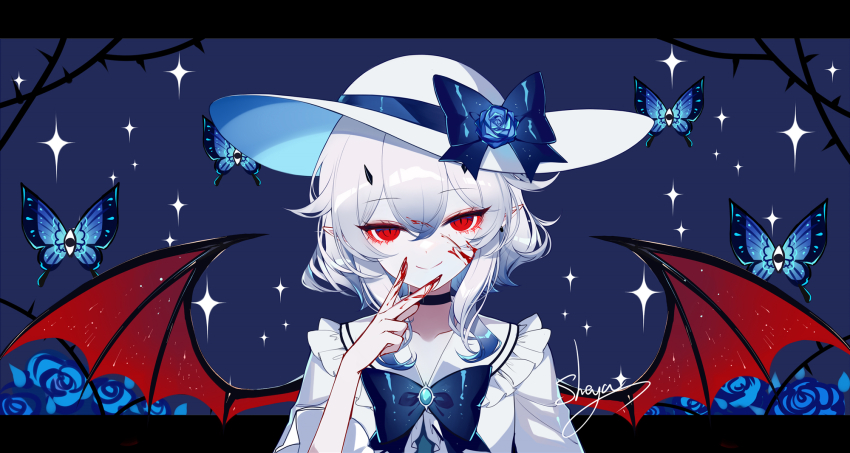 1girl black_choker blood blood_on_face blood_on_hands blue_bow bow bug butterfly choker closed_mouth commentary_request demon_wings dress hair_between_eyes hand_up hat hat_bow highres horns insect letterboxed looking_at_viewer original outside_border red_eyes sailor_collar sheya short_hair smile solo sparkle split_mouth straight-on upper_body white_dress white_hair white_hat white_sailor_collar wings