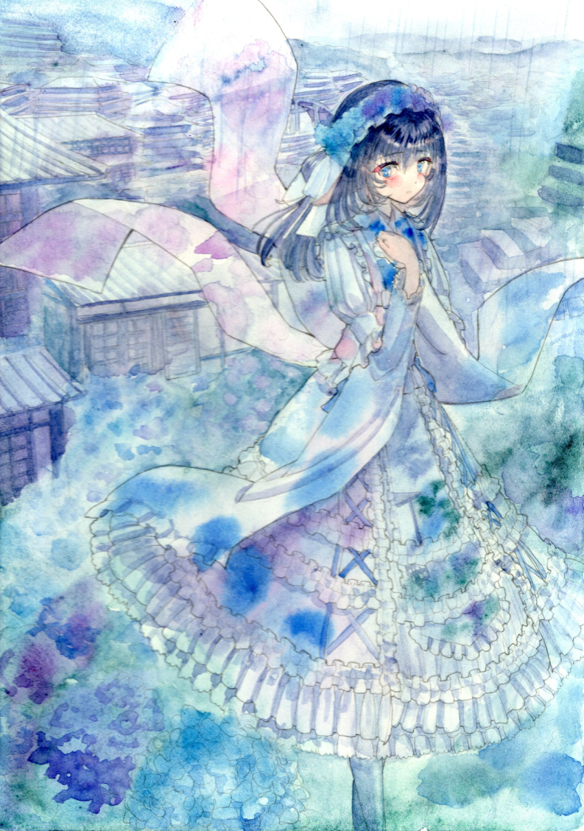 1girl architecture black_hair blue_bow blue_dress blue_eyes blue_flower blue_hair blue_theme blush bow building closed_mouth dress flower frilled_dress frilled_hairband frills hair_flower hair_ornament hairband highres hydrangea kimono_dress kyuui lolita_fashion lolita_hairband long_hair long_sleeves looking_at_viewer original outdoors painting_(medium) rain solo standing traditional_media watercolor_(medium) white_dress wide_sleeves