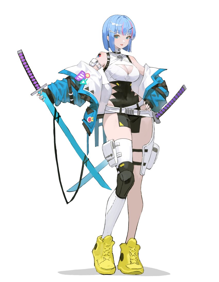 1girl absurdres arm_pouch arowana2111 asymmetrical_legwear bare_shoulders belt black_dress blue_eyes blue_hair blue_jacket blush breasts cleavage cleavage_cutout clothing_cutout covered_navel crop_top dress full_body hair_intakes hair_ornament hairclip hand_on_own_hip highres hip_vent holding holding_sword holding_weapon jacket katana knee_pads long_sleeves looking_at_viewer medium_breasts multicolored_hair multiple_belts off_shoulder open_clothes open_jacket original parted_lips pelvic_curtain pink_hair pouch puffy_sleeves sheath sheathed shirt shoes short_hair shoulder_tattoo sidelocks simple_background single_knee_pad single_thighhigh sleeveless sleeves_past_wrists smile sneakers solo standing straight_hair streaked_hair sword tattoo thigh_pouch thigh_strap thighhighs thighs turtleneck turtleneck_shirt weapon white_background white_belt white_thighhighs x_hair_ornament yellow_shoes