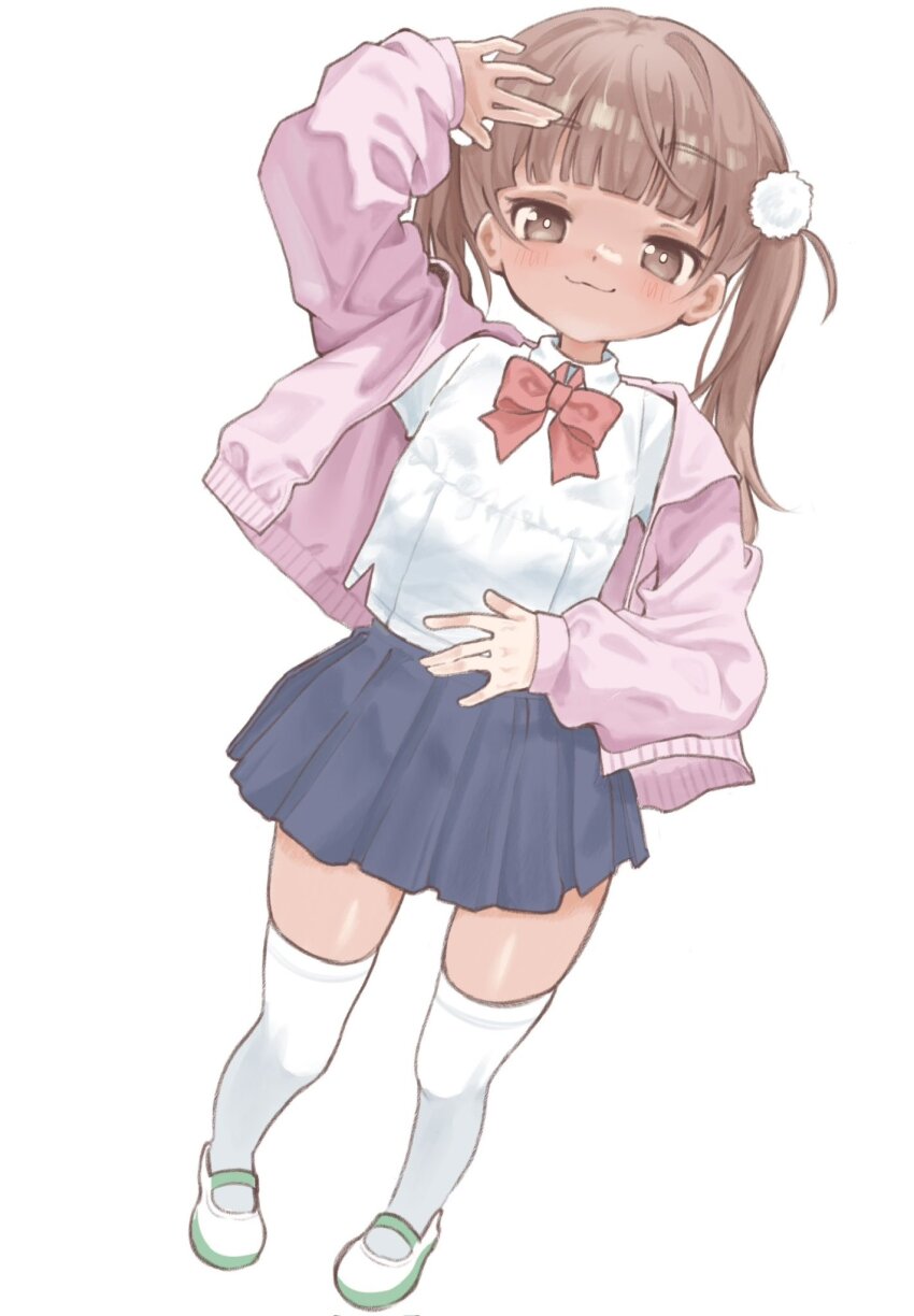 1girl :3 :d arm_up blue_skirt blush bow bowtie bright_pupils brown_eyes brown_hair cardigan highres long_hair long_sleeves looking_at_viewer melity miniskirt open_cardigan open_clothes open_mouth original pink_cardigan pleated_skirt red_bow red_bowtie shirt shoes simple_background skirt smile standing straight_hair tan thighhighs twintails white_background white_pupils white_shirt white_shoes white_thighhighs zettai_ryouiki