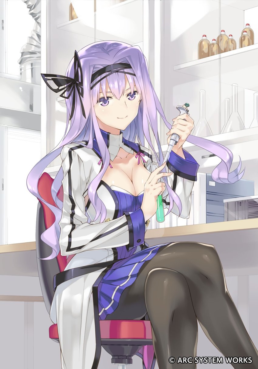 1girl arc_system_works blazblue blazblue_alternative:_dark_war breasts cleavage highres kajun_faycott large_breasts long_hair looking_at_viewer official_art pantyhose purple_eyes purple_hair skirt smile