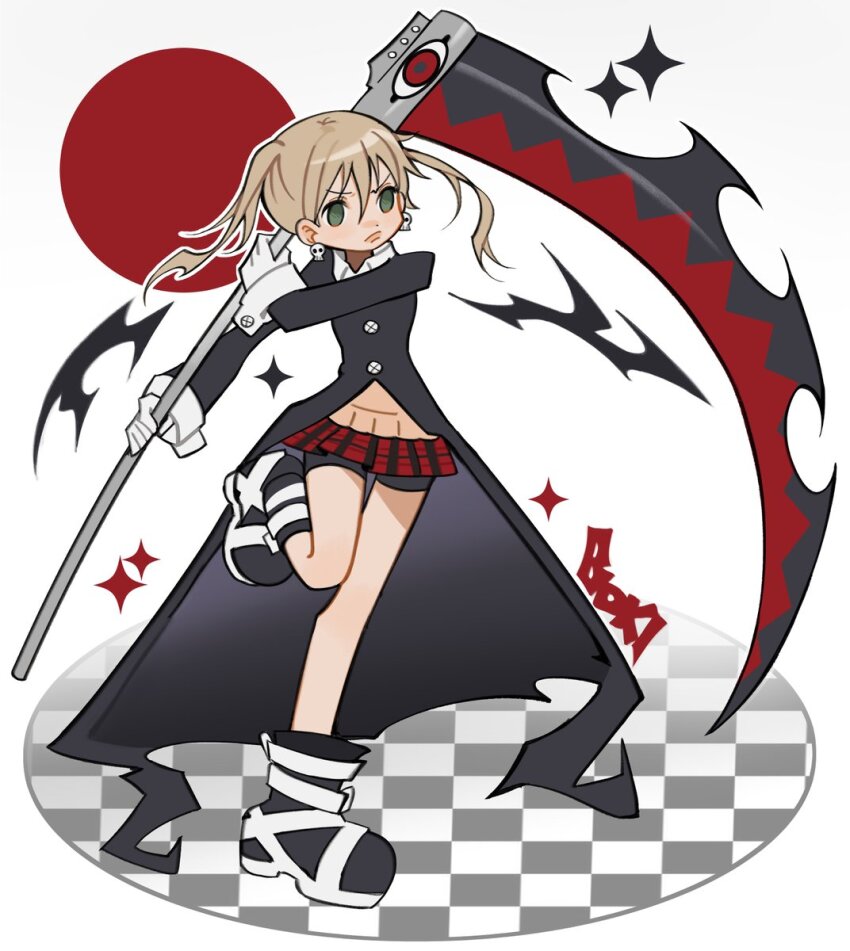 1girl black_coat blonde_hair boots coat commentary earrings full_body gloves green_eyes hair_between_eyes highres holding holding_scythe jewelry maka_albarn mitsutadaki scythe skirt solo soul_eater sparkle standing standing_on_one_leg twintails white_gloves